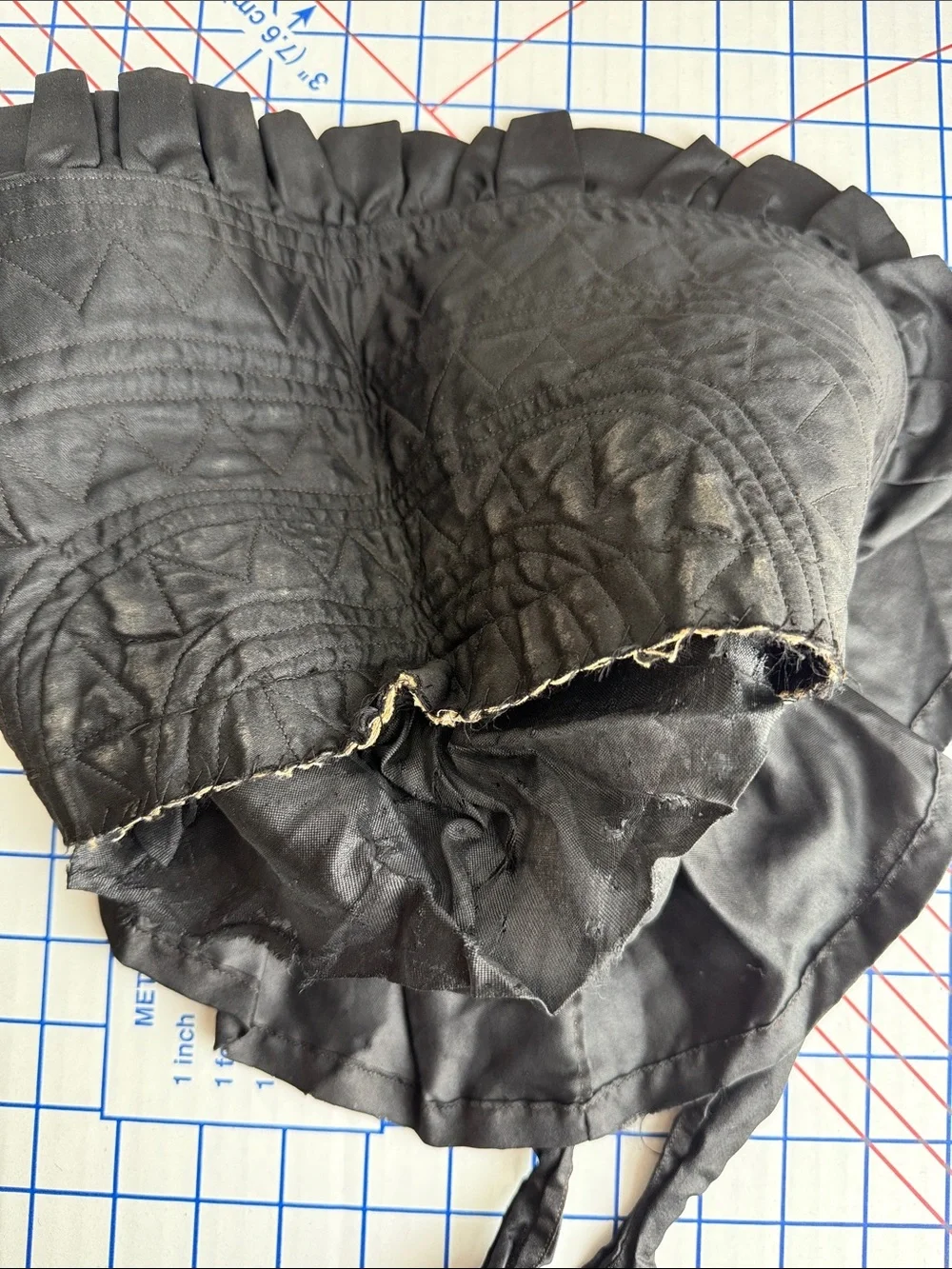 Vintage 1940s Black Satin Bonnet Quilted Ruffle Prairie Victorian Style Costume